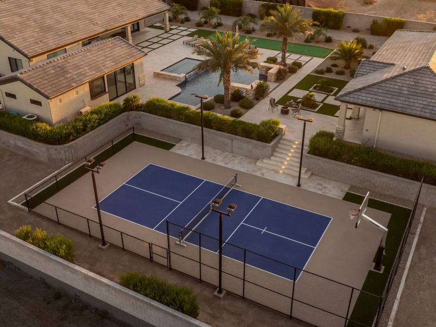 Aerial view of the lit pickleball court, Legacy Living in San Tan Valley, AZ