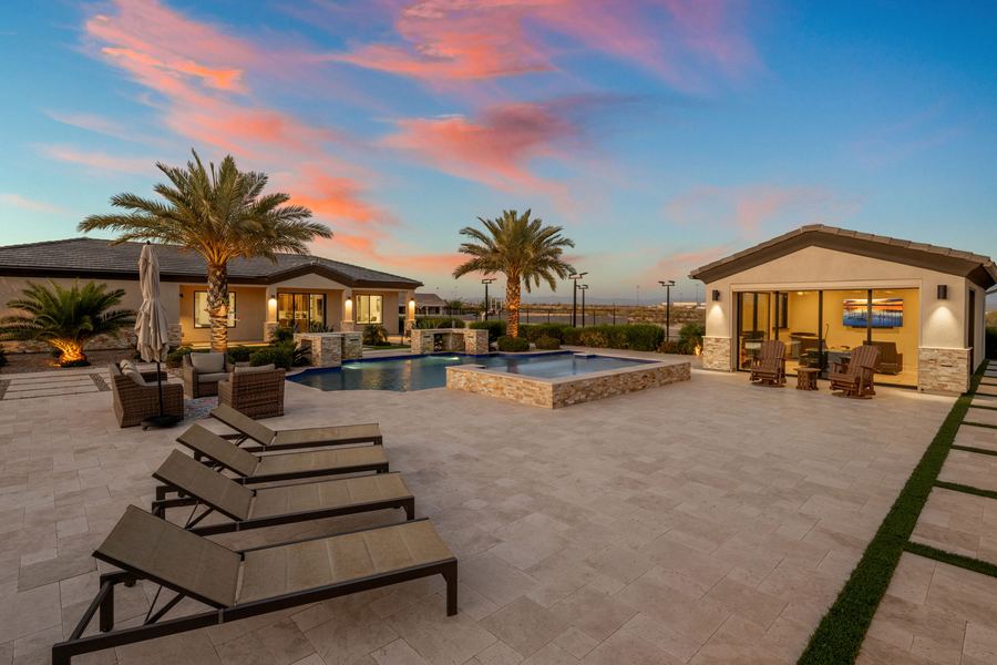 Lounge deck with chaises and pool house, Legacy Living in San Tan Valley, AZ