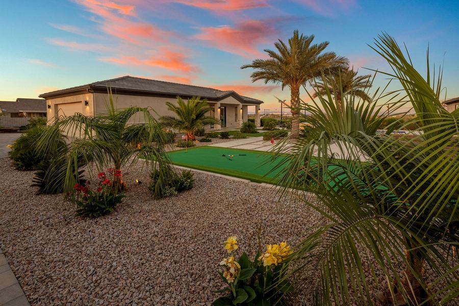 Desert plantings and palms along the putting green at sunset