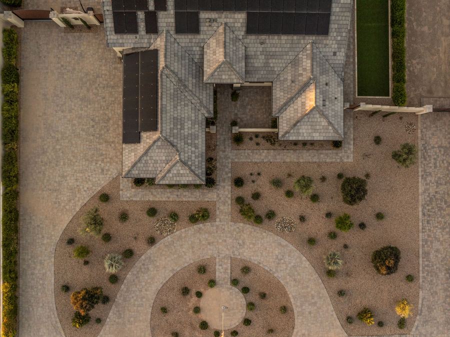 Overhead view of the curved paver drive and desert front yard