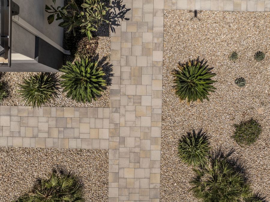 Top-down view of the paver entry walk and agaves
