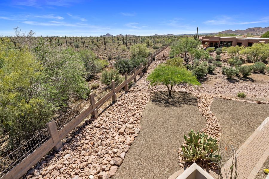 Side yard with rock wash, trees and desert plantings from above