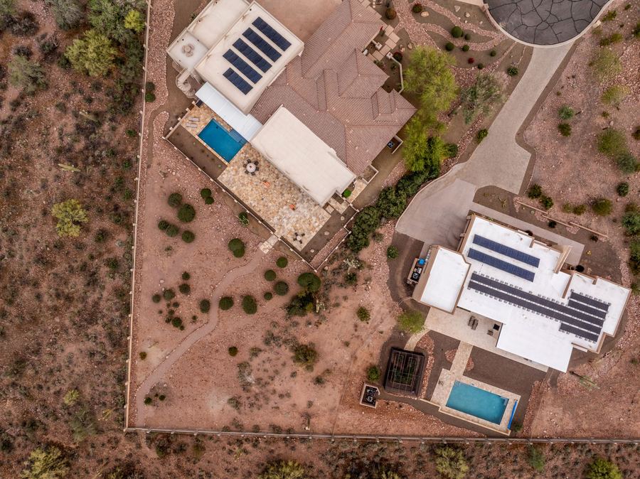 Overhead aerial of the pool, patio and desert yard