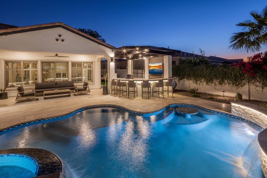 Freeform pool and spa at twilight, The Hidden Jewel in Gilbert, AZ